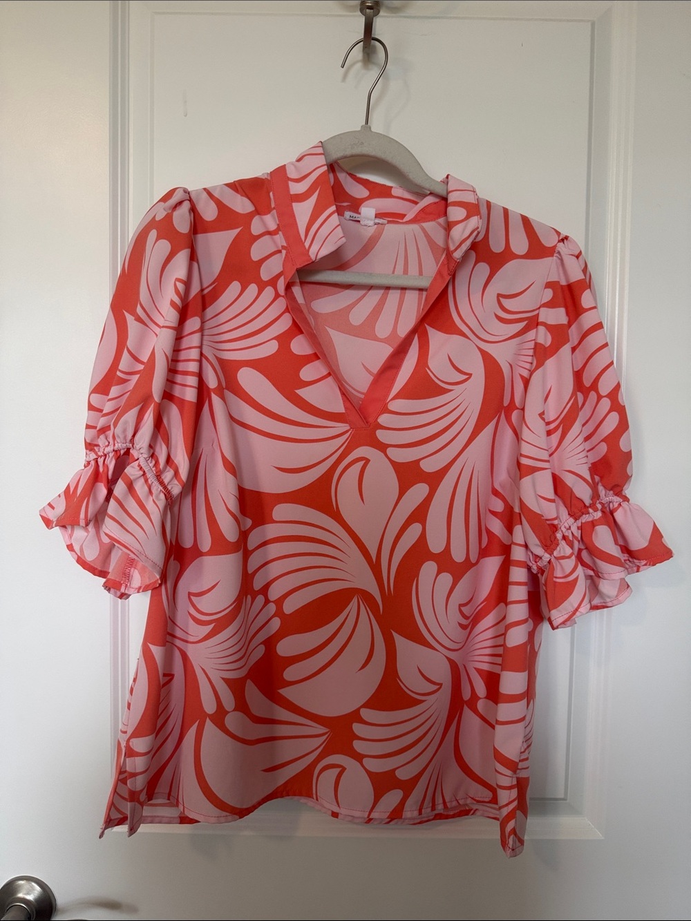 Coral Pink V-Neck Printed Tunic Blouse